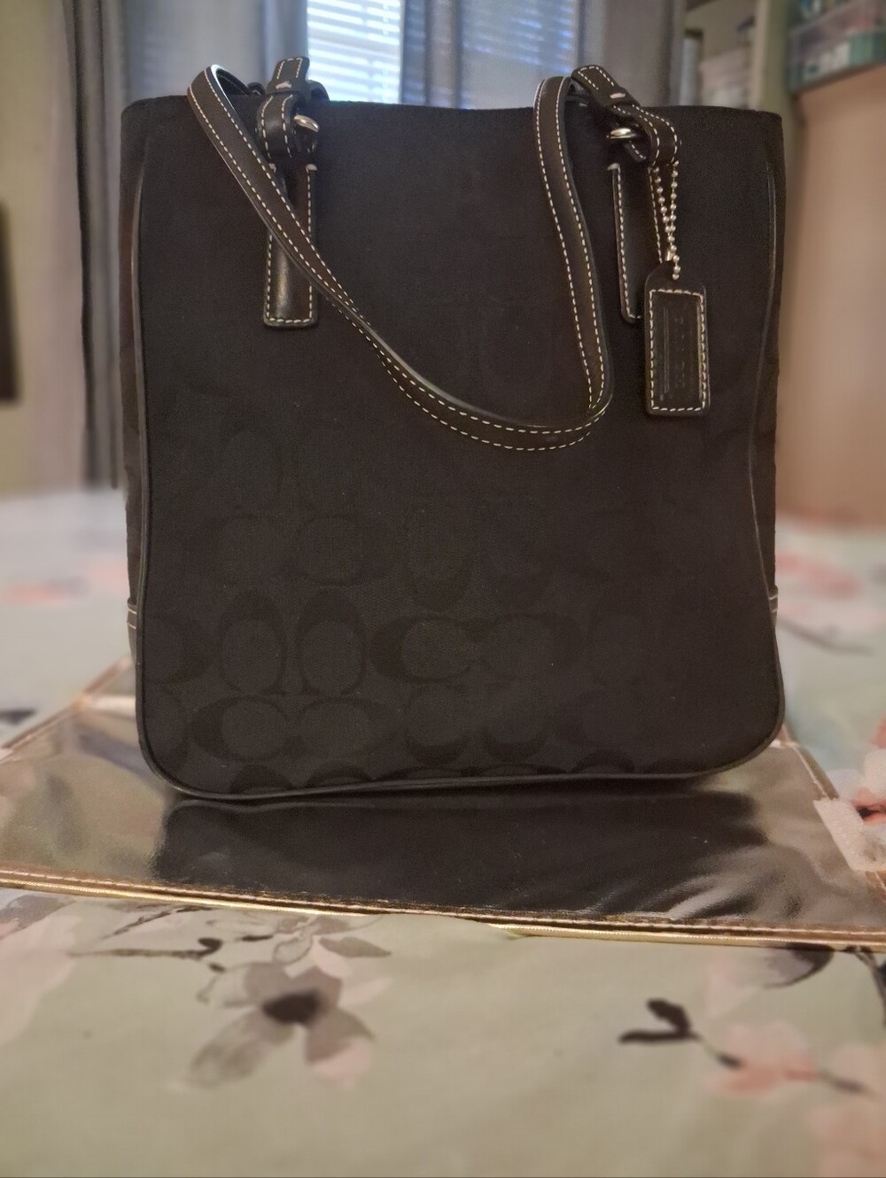 COACH Vintage Signature Black Monogrammed Canvas- Leather Handbag